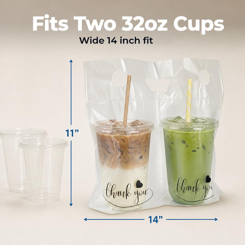 2-Cup Drink Carrier Bags, 32oz Cup Holder for Delivery, 100 pack | Increased 14 inch Width, Stronger Handles, Hot and Cold Beverages, Thick & Stable, Thank You Print, Spill Containment Design