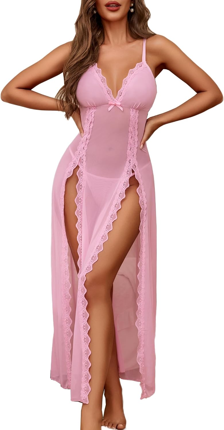 Avidlove Women Lingerie Lace Babydoll Chemise Sexy Mesh Nightdress V Neck Nightwear Side Split Nightgown