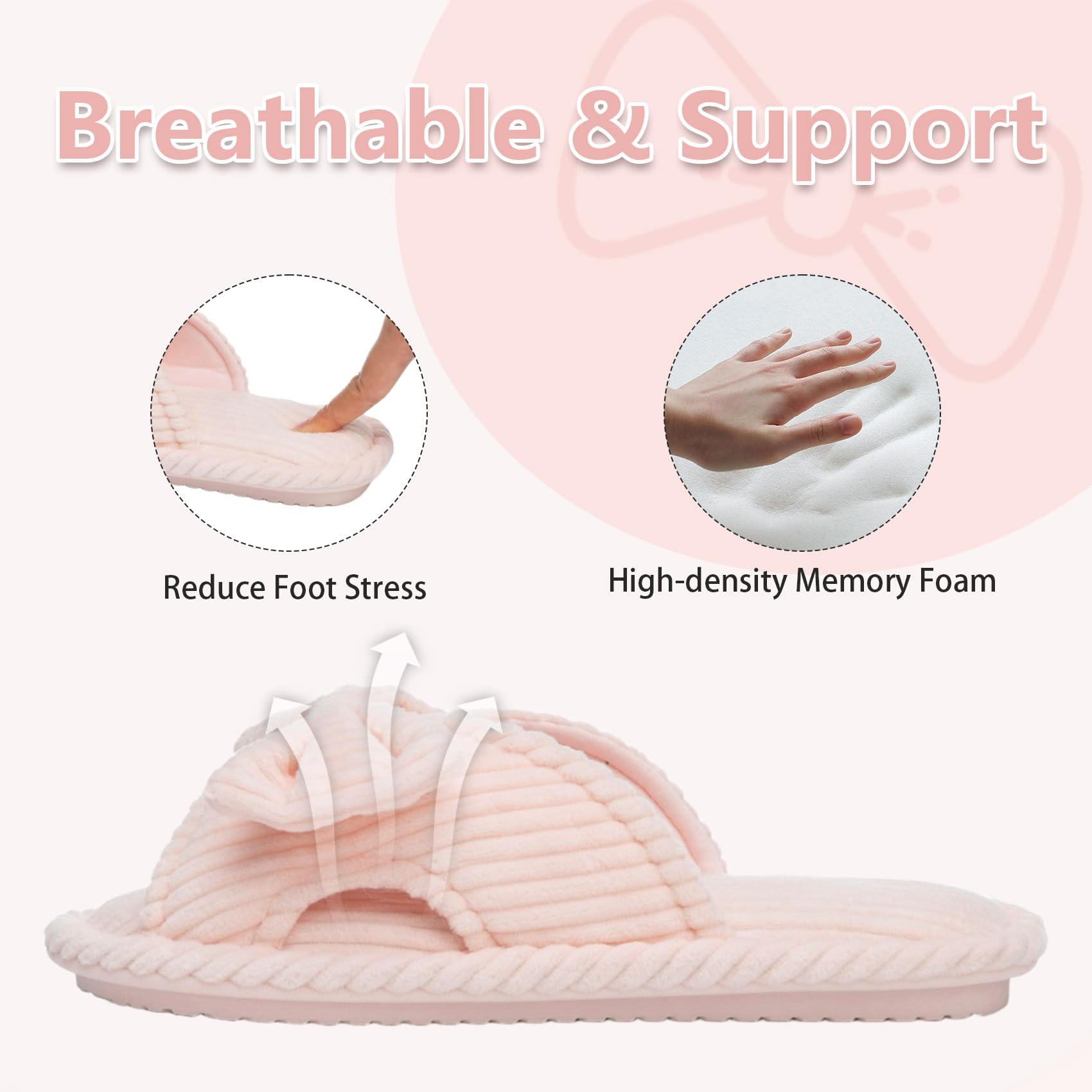 GOEWY Cute Slippers for Women Indoor and Outdoor Cozy Soft Bow Open Toe Womens Slippers with Memory Foam Anti-Skid Sole Slides Spa Birthday Gifts for Women Mom Her Ladies Bridesmaid