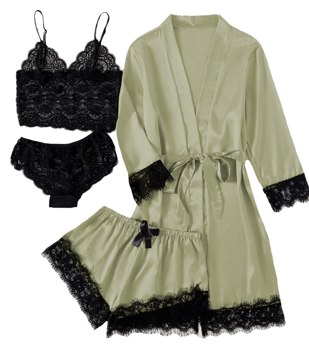 LYANER Women's Sexy Silk Satin Pajamas Set 4pcs Lingerie Nightwear Floral Lace Cami Pjs Sleepwear with Robe