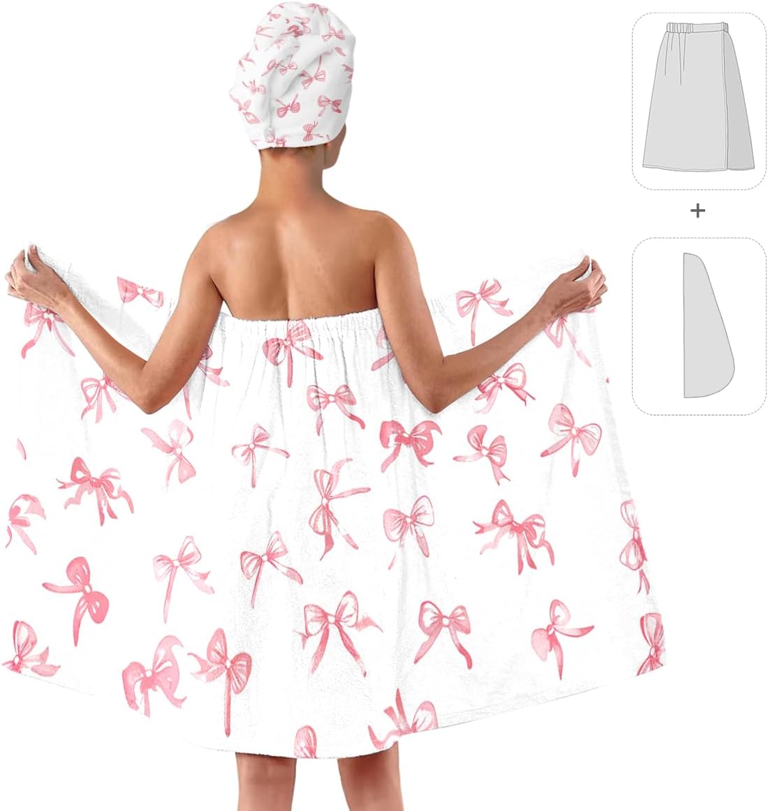 TURTLEDOVE Pink Bow Bath Wrap Set with Hair Turban, Absorbent Microfiber Spa Towel Wrap, Towel Robe for Women