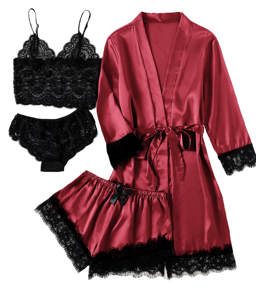 LYANER Women's Sexy Silk Satin Pajamas Set 4pcs Lingerie Nightwear Floral Lace Cami Pjs Sleepwear with Robe