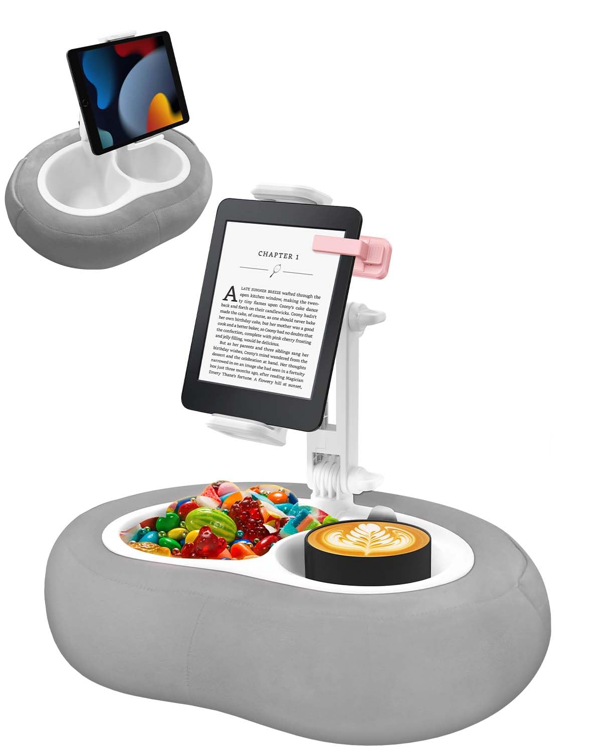 Tablet Pillow Stand, Compatible with 5"-12.9" Kindle, iPad, Phone/Tablet, Google, Samsung, 360° Rotating Phone Holder for Bed, Soft Plush Fabric, Detachable Bowl, Reading and Relaxation on Bed, Pink