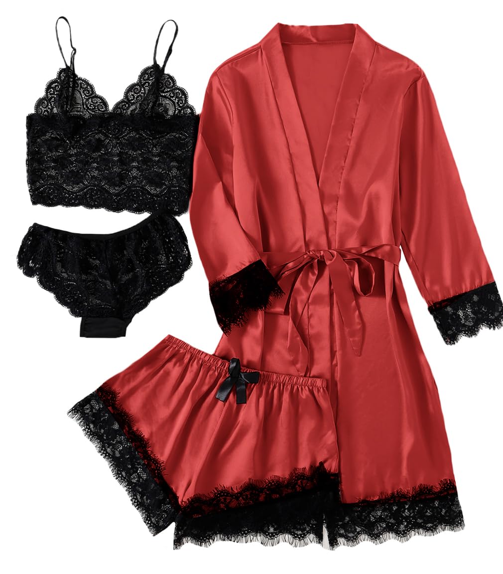 LYANER Women's Sexy Silk Satin Pajamas Set 4pcs Lingerie Nightwear Floral Lace Cami Pjs Sleepwear with Robe