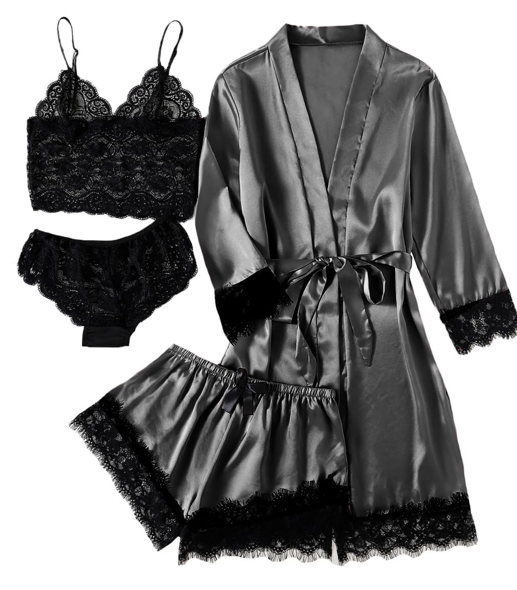 LYANER Women's Sexy Silk Satin Pajamas Set 4pcs Lingerie Nightwear Floral Lace Cami Pjs Sleepwear with Robe