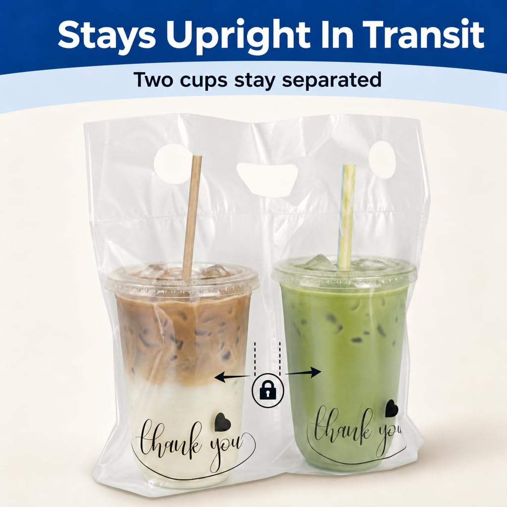 2-Cup Drink Carrier Bags, 32oz Cup Holder for Delivery, 100 pack | Increased 14 inch Width, Stronger Handles, Hot and Cold Beverages, Thick & Stable, Thank You Print, Spill Containment Design