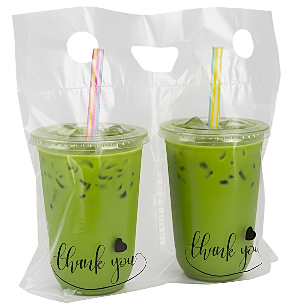 2-Cup Drink Carrier Bags, 32oz Cup Holder for Delivery, 100 pack | Increased 14 inch Width, Stronger Handles, Hot and Cold Beverages, Thick & Stable, Thank You Print, Spill Containment Design