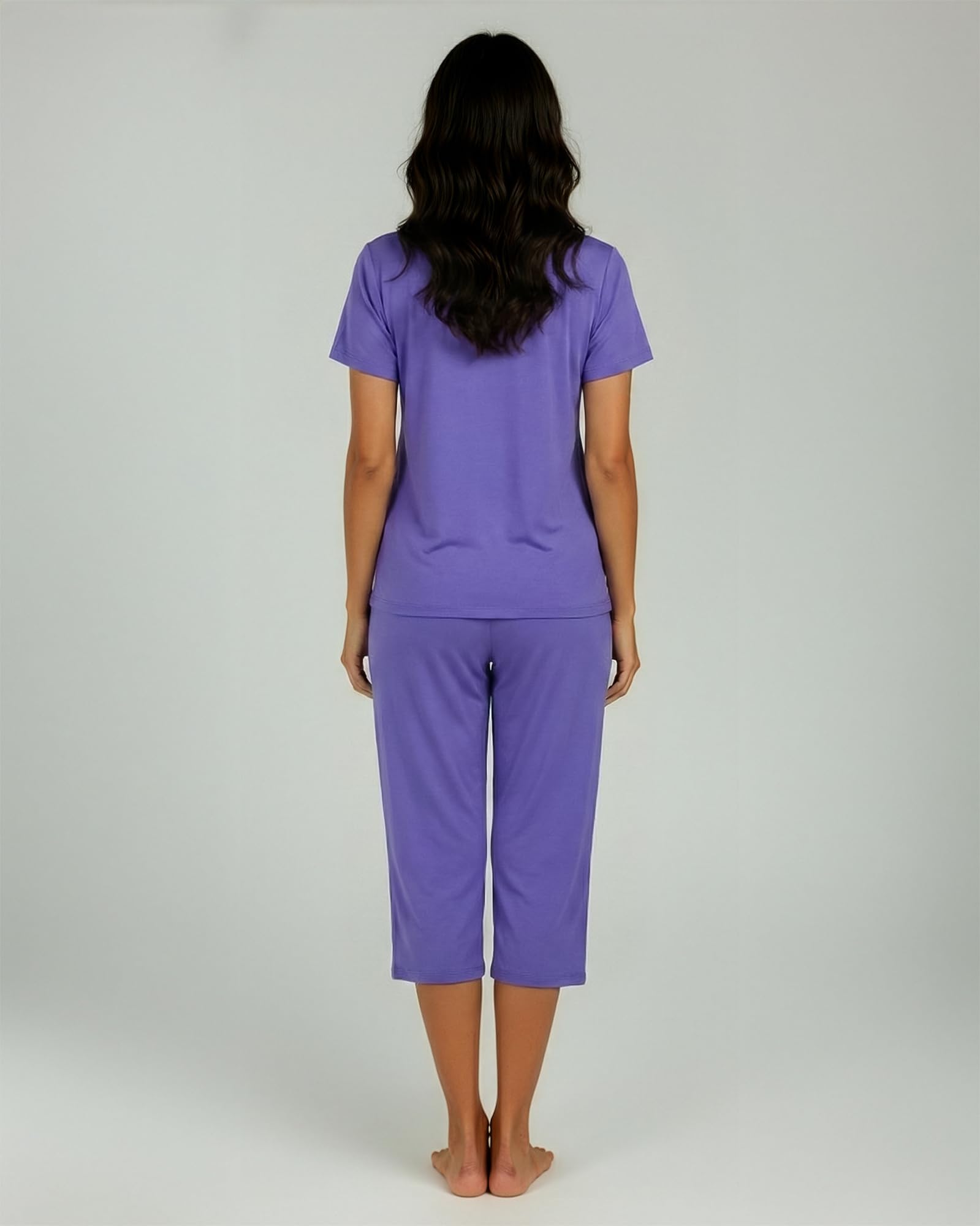 Real Essentials 2 Pack: Womens Pajamas Short Sleeve Sleepwear Tops and Capri Pants Pjs Print Pajama Sets (Available In Plus)