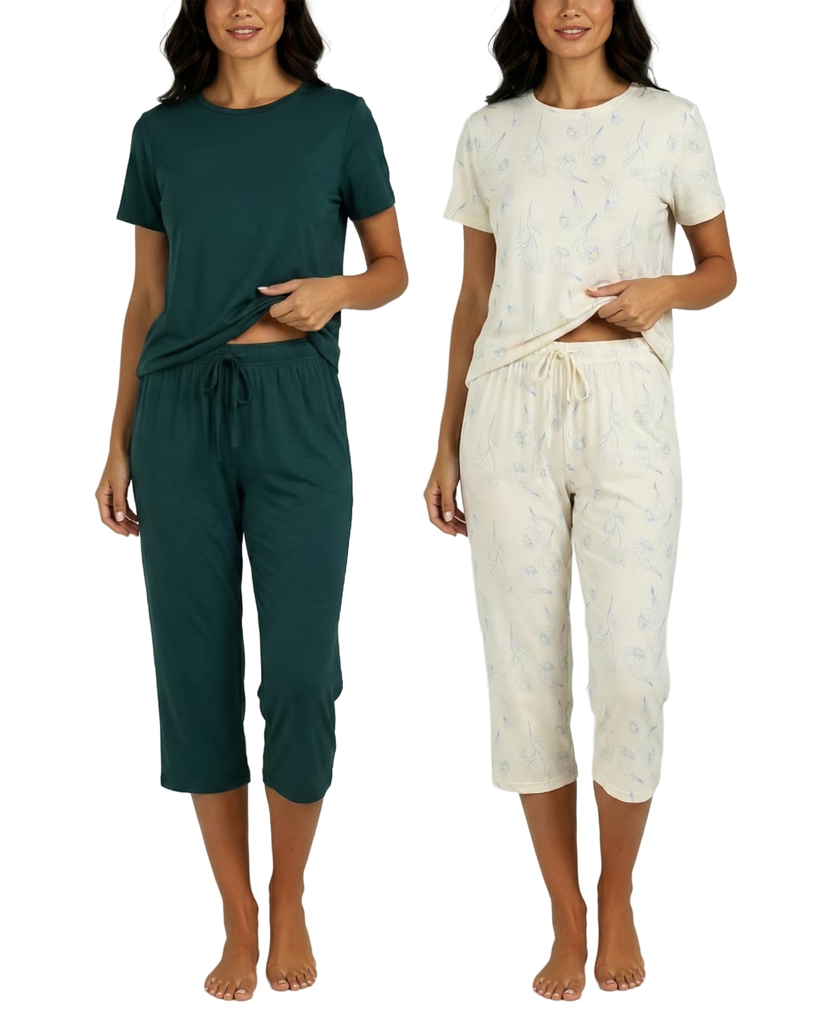 Real Essentials 2 Pack: Womens Pajamas Short Sleeve Sleepwear Tops and Capri Pants Pjs Print Pajama Sets (Available In Plus)