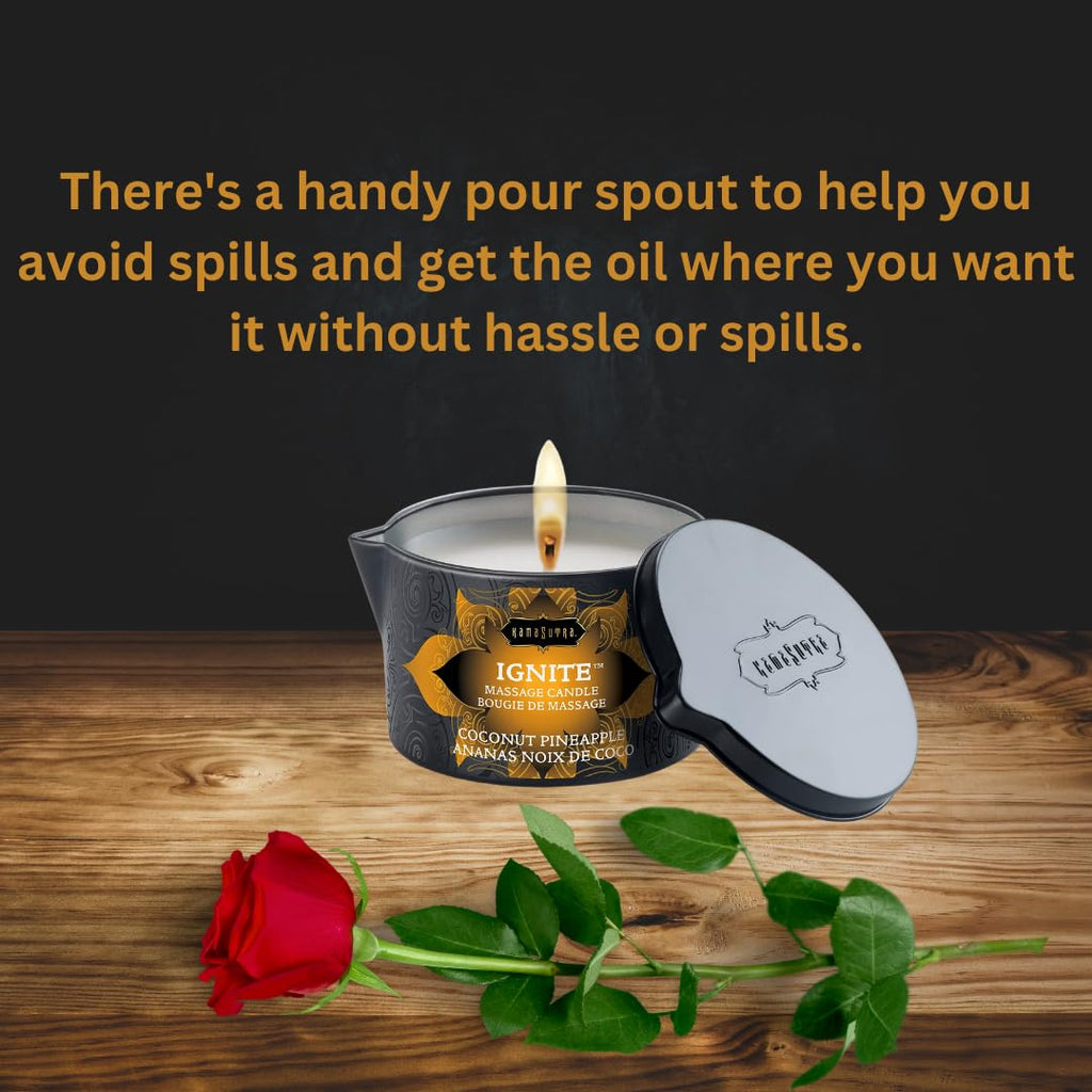 KAMA SUTRA Ignite Massage Candle - Coconut Oil and Soy Based - Island Passion Berry, 6 oz Candle Melts into a Warm Massage Oil, Couples Massage, Pour Spout Massage Candle