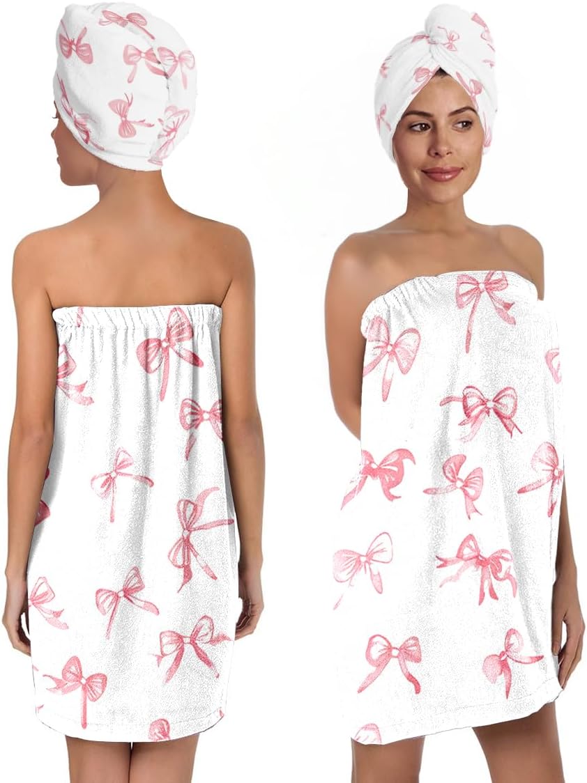 TURTLEDOVE Pink Bow Bath Wrap Set with Hair Turban, Absorbent Microfiber Spa Towel Wrap, Towel Robe for Women