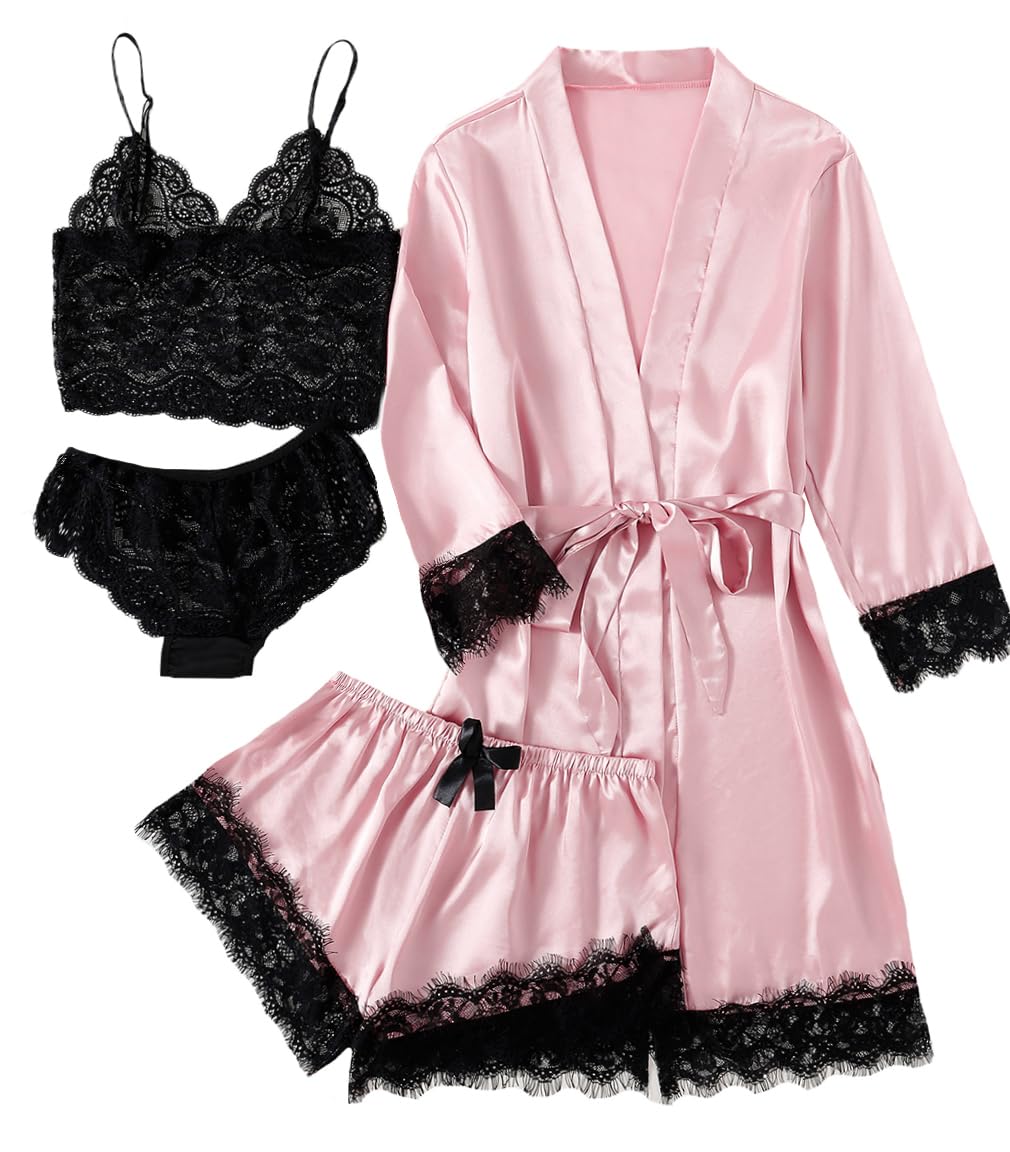 LYANER Women's Sexy Silk Satin Pajamas Set 4pcs Lingerie Nightwear Floral Lace Cami Pjs Sleepwear with Robe