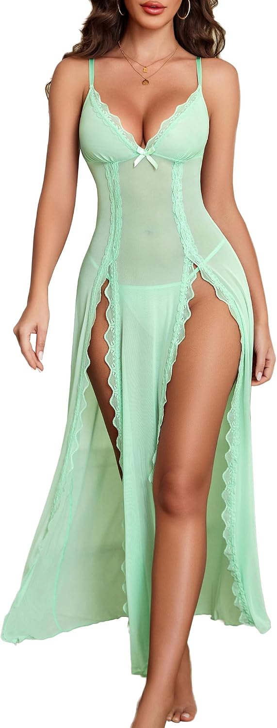 Avidlove Women Lingerie Lace Babydoll Chemise Sexy Mesh Nightdress V Neck Nightwear Side Split Nightgown