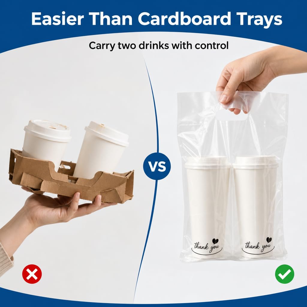2-Cup Drink Carrier Bags, 32oz Cup Holder for Delivery, 100 pack | Increased 14 inch Width, Stronger Handles, Hot and Cold Beverages, Thick & Stable, Thank You Print, Spill Containment Design