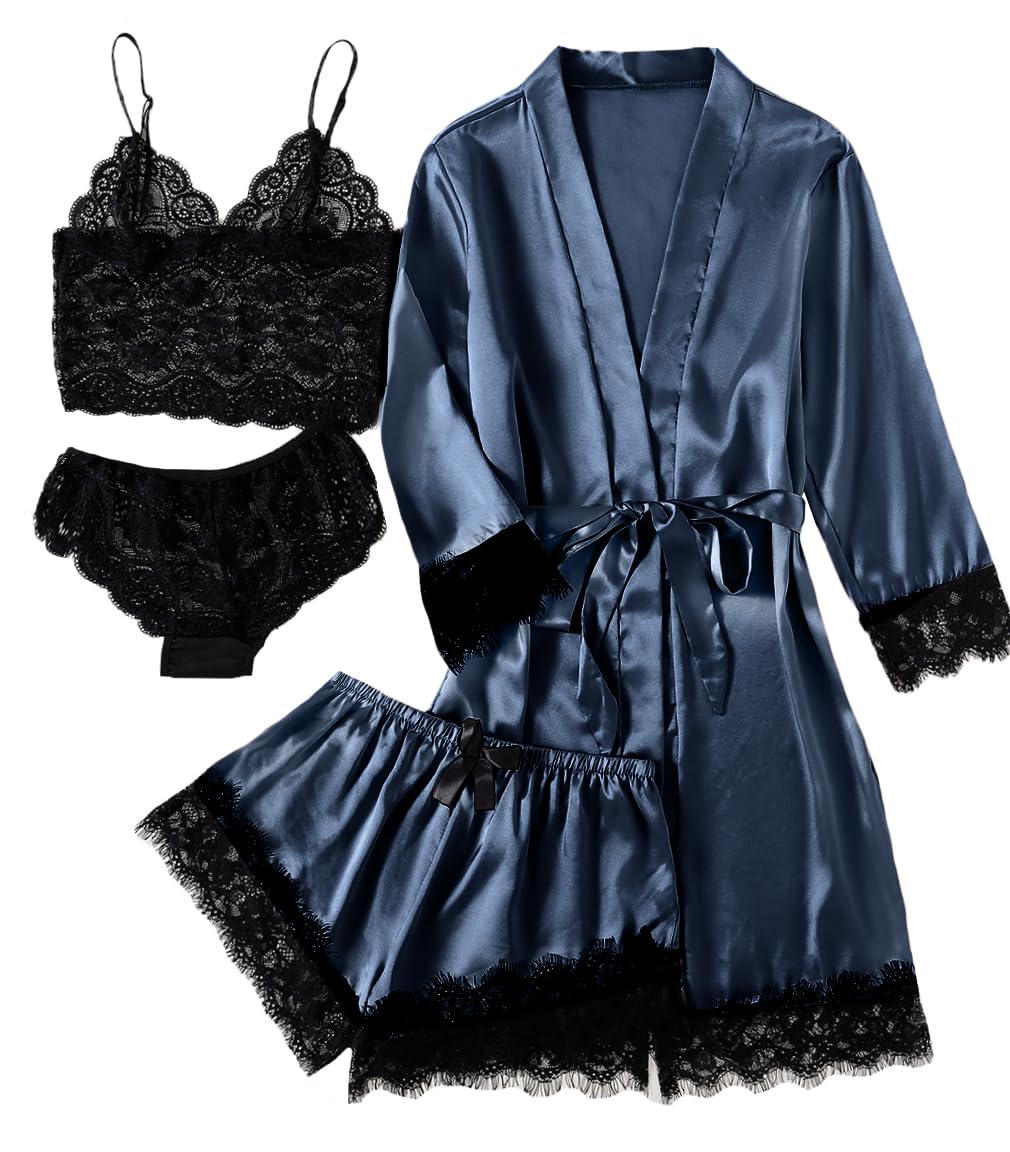 LYANER Women's Sexy Silk Satin Pajamas Set 4pcs Lingerie Nightwear Floral Lace Cami Pjs Sleepwear with Robe