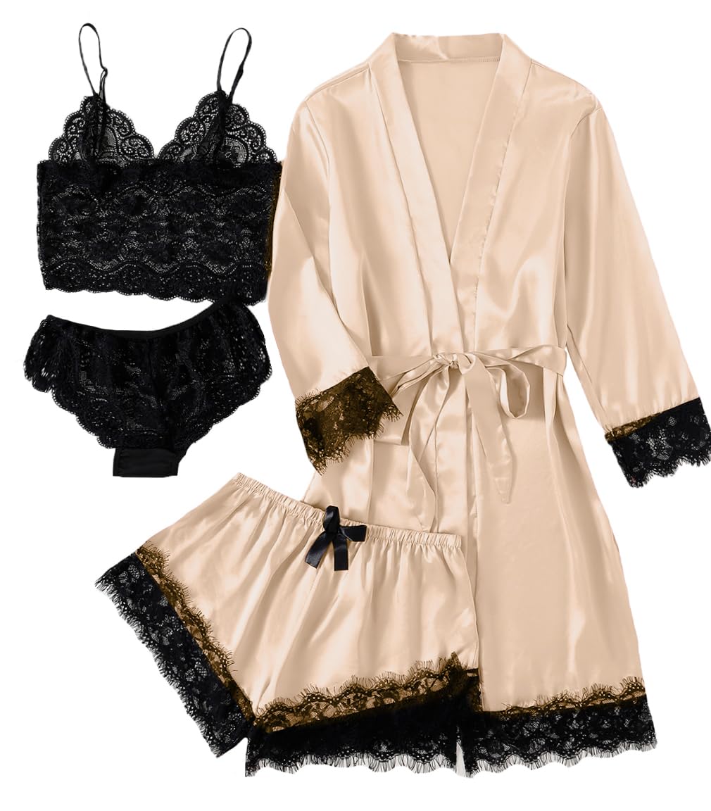 LYANER Women's Sexy Silk Satin Pajamas Set 4pcs Lingerie Nightwear Floral Lace Cami Pjs Sleepwear with Robe