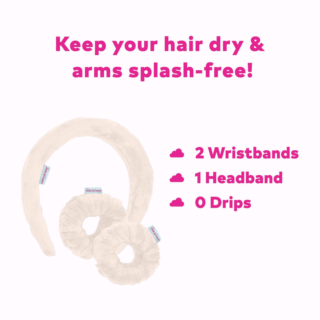 Drip Eraser by The Original Makeup Eraser, Absorbent Headband and Wristbands Collect Water During Face Washing, 3 Piece Spa Set, One Size Fits Most, Original Pink