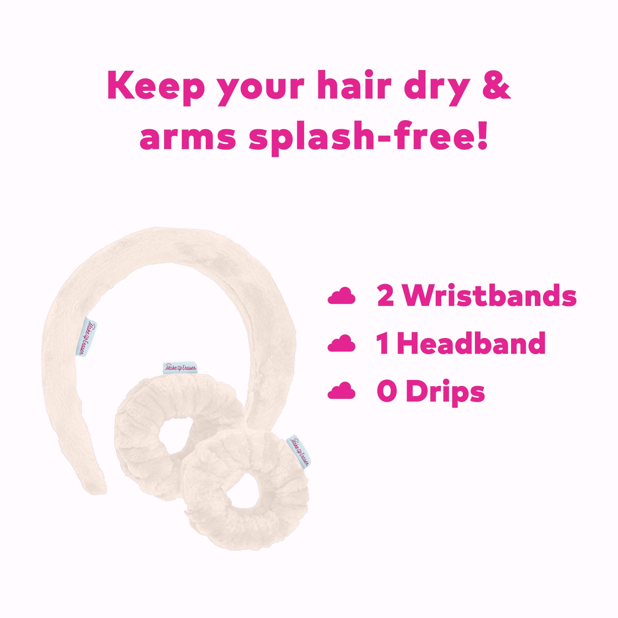Drip Eraser by The Original Makeup Eraser, Absorbent Headband and Wristbands Collect Water During Face Washing, 3 Piece Spa Set, One Size Fits Most, Original Pink