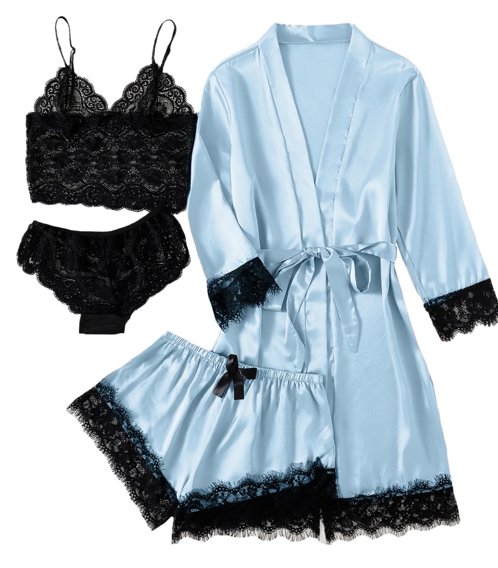LYANER Women's Sexy Silk Satin Pajamas Set 4pcs Lingerie Nightwear Floral Lace Cami Pjs Sleepwear with Robe