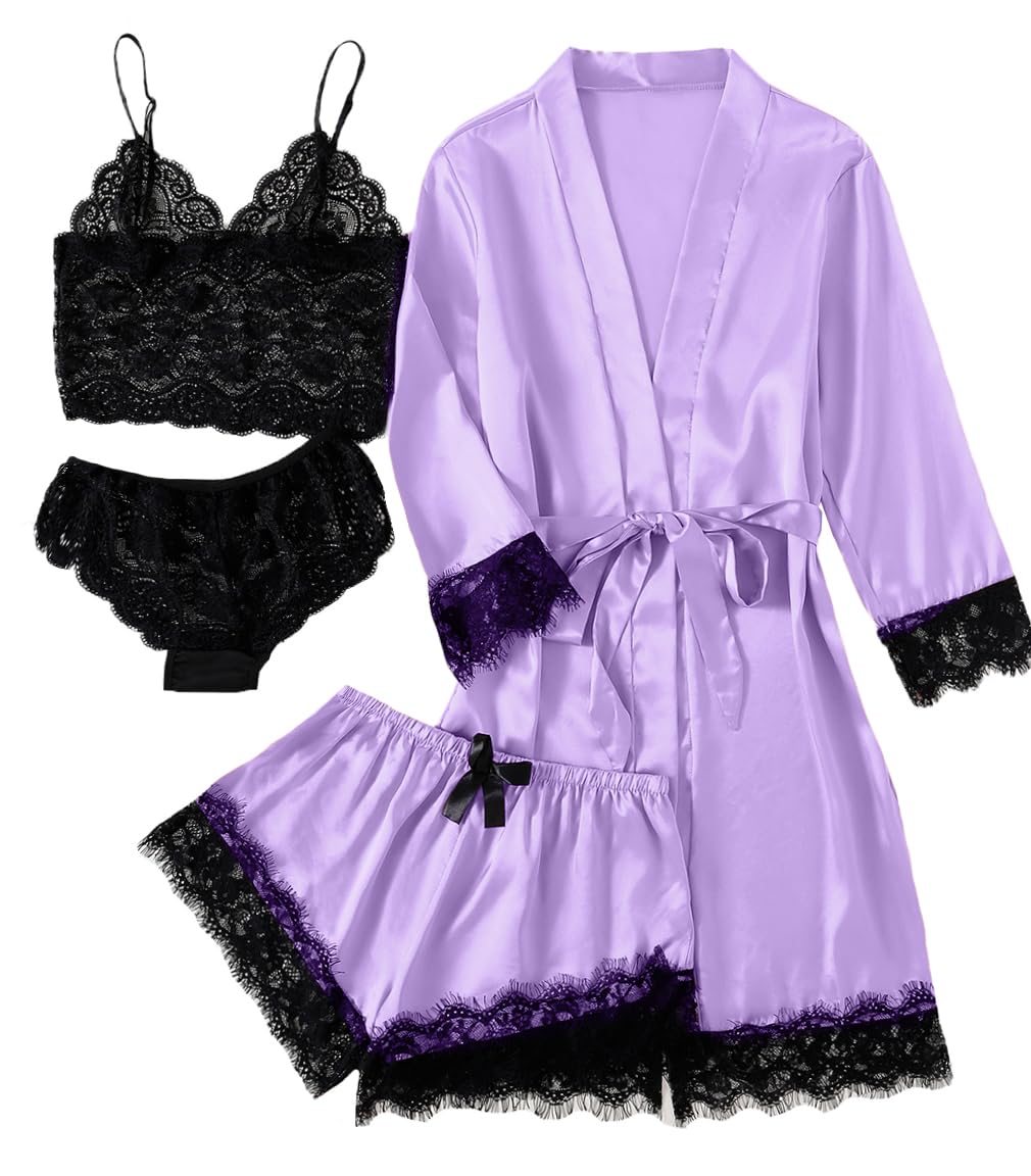 LYANER Women's Sexy Silk Satin Pajamas Set 4pcs Lingerie Nightwear Floral Lace Cami Pjs Sleepwear with Robe
