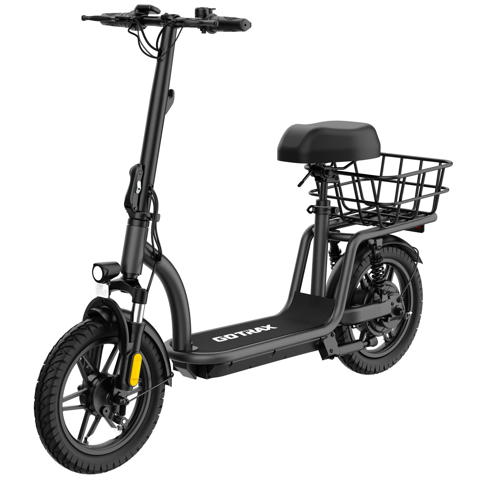 Gotrax Adult Electric Scooter with Seat, Max 19-25miles Range, 15.5-20mph Power by 350W-500W Motor, All-Terrain Tire & Wider Deck & Soft Cushioning Seat with Carry Basket