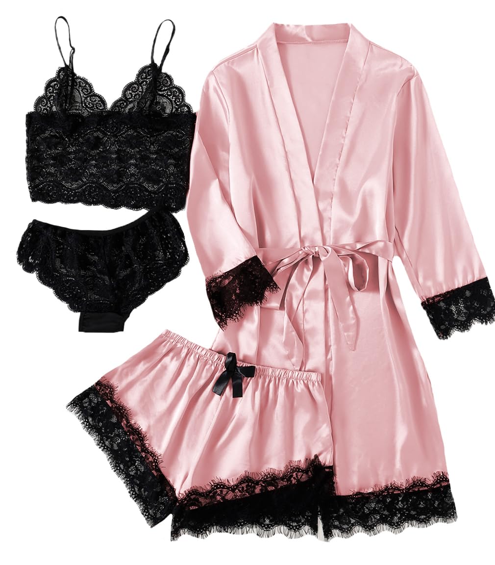 LYANER Women's Sexy Silk Satin Pajamas Set 4pcs Lingerie Nightwear Floral Lace Cami Pjs Sleepwear with Robe