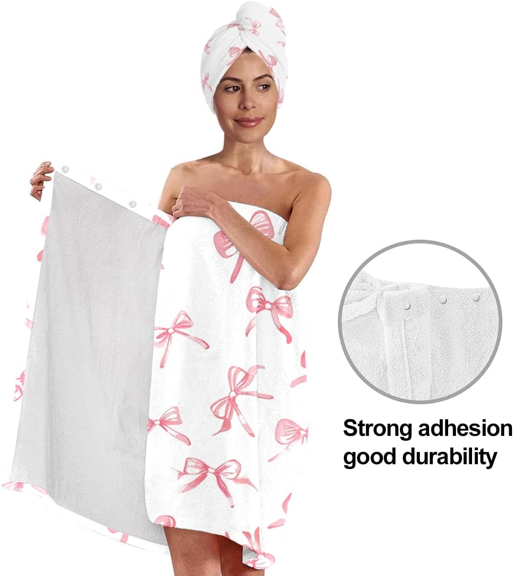 TURTLEDOVE Pink Bow Bath Wrap Set with Hair Turban, Absorbent Microfiber Spa Towel Wrap, Towel Robe for Women