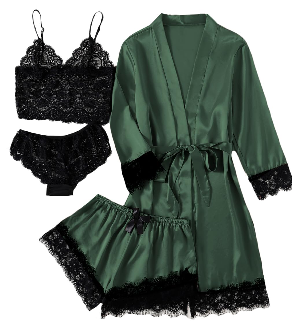 LYANER Women's Sexy Silk Satin Pajamas Set 4pcs Lingerie Nightwear Floral Lace Cami Pjs Sleepwear with Robe