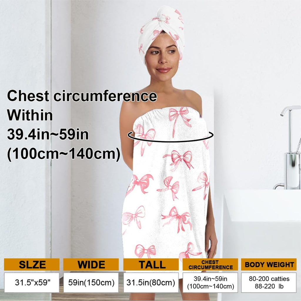 TURTLEDOVE Pink Bow Bath Wrap Set with Hair Turban, Absorbent Microfiber Spa Towel Wrap, Towel Robe for Women