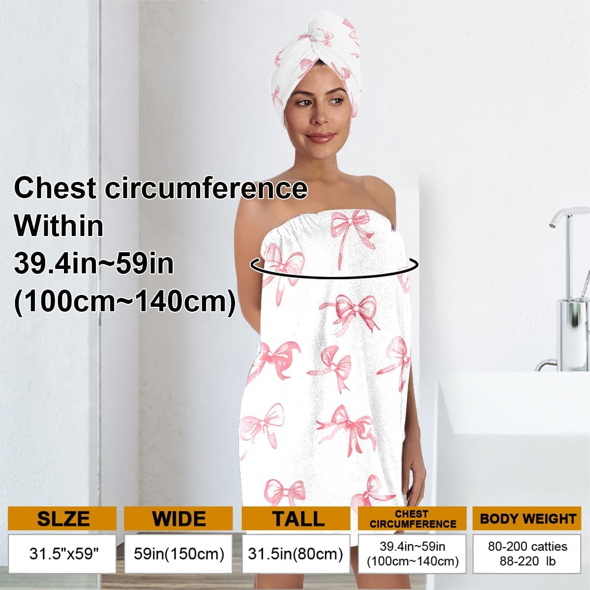TURTLEDOVE Pink Bow Bath Wrap Set with Hair Turban, Absorbent Microfiber Spa Towel Wrap, Towel Robe for Women