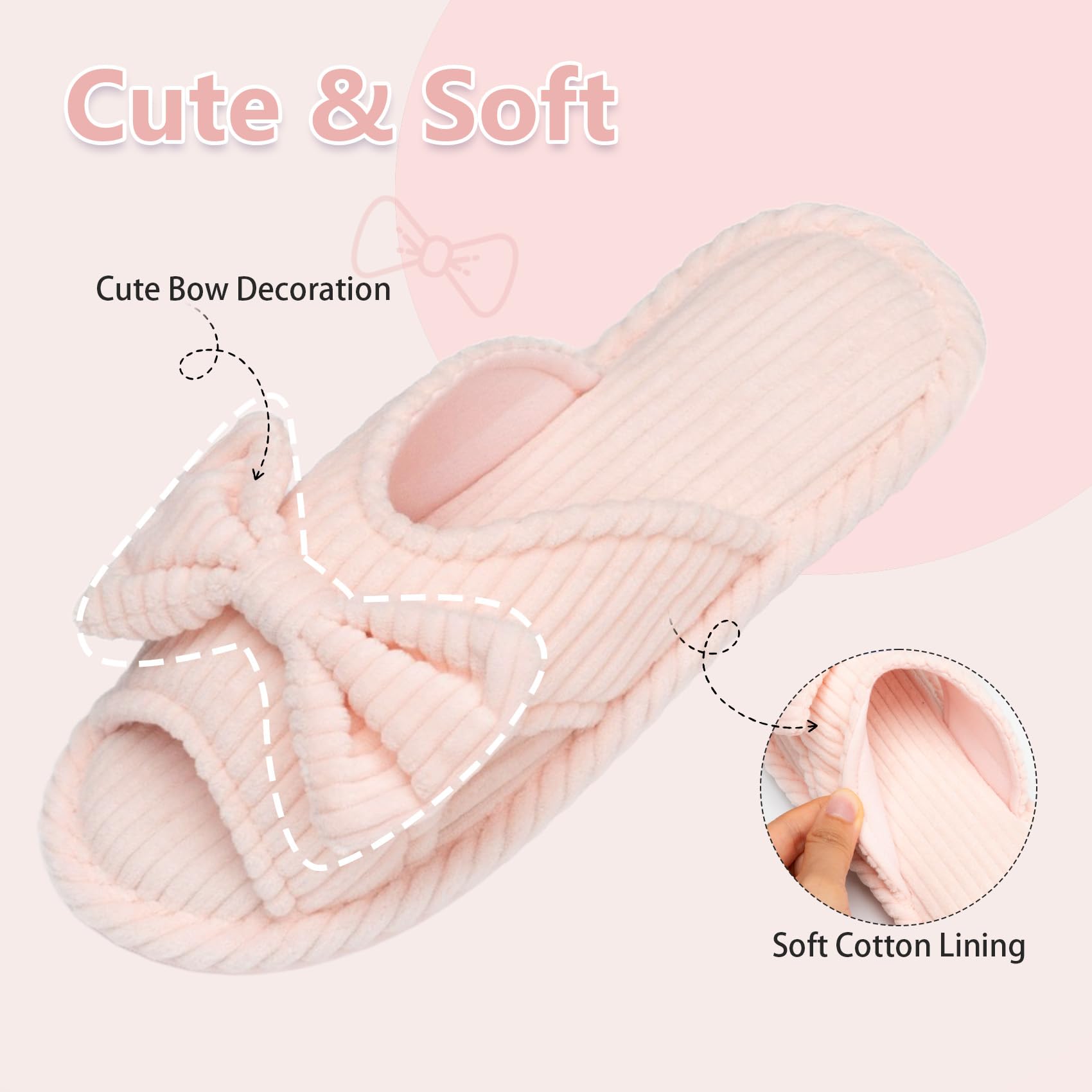 GOEWY Cute Slippers for Women Indoor and Outdoor Cozy Soft Bow Open Toe Womens Slippers with Memory Foam Anti-Skid Sole Slides Spa Birthday Gifts for Women Mom Her Ladies Bridesmaid