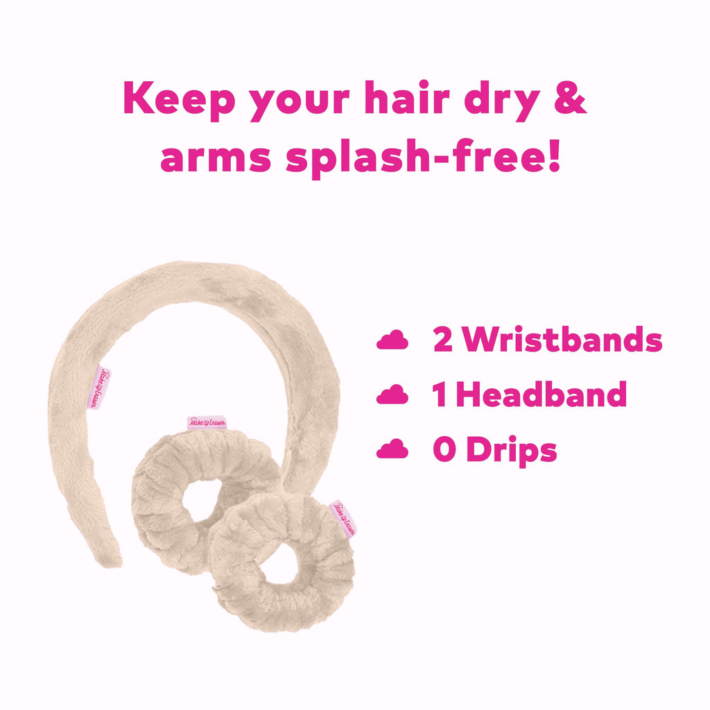 Drip Eraser by The Original Makeup Eraser, Absorbent Headband and Wristbands Collect Water During Face Washing, 3 Piece Spa Set, One Size Fits Most, Original Pink