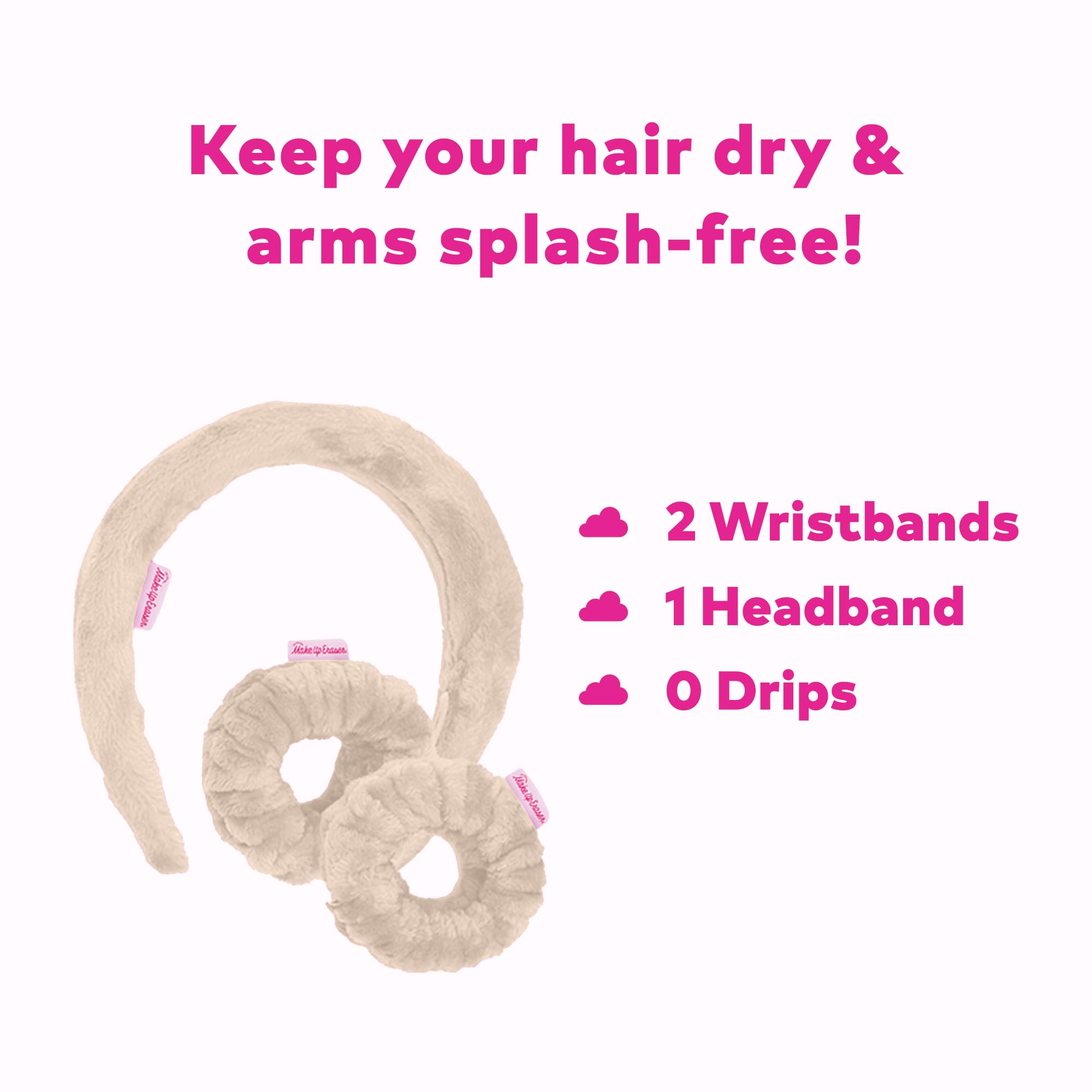 Drip Eraser by The Original Makeup Eraser, Absorbent Headband and Wristbands Collect Water During Face Washing, 3 Piece Spa Set, One Size Fits Most, Original Pink