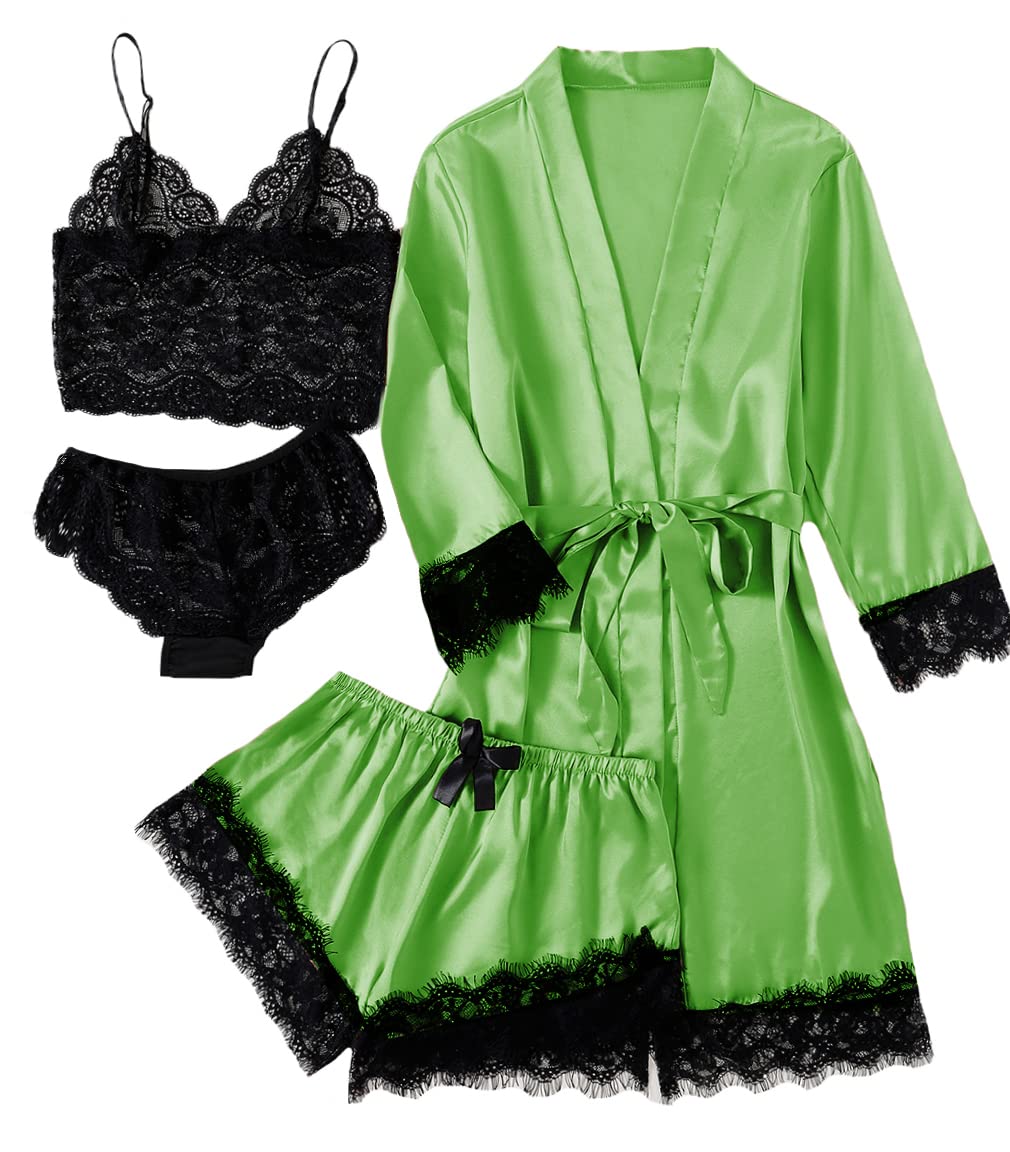 LYANER Women's Sexy Silk Satin Pajamas Set 4pcs Lingerie Nightwear Floral Lace Cami Pjs Sleepwear with Robe