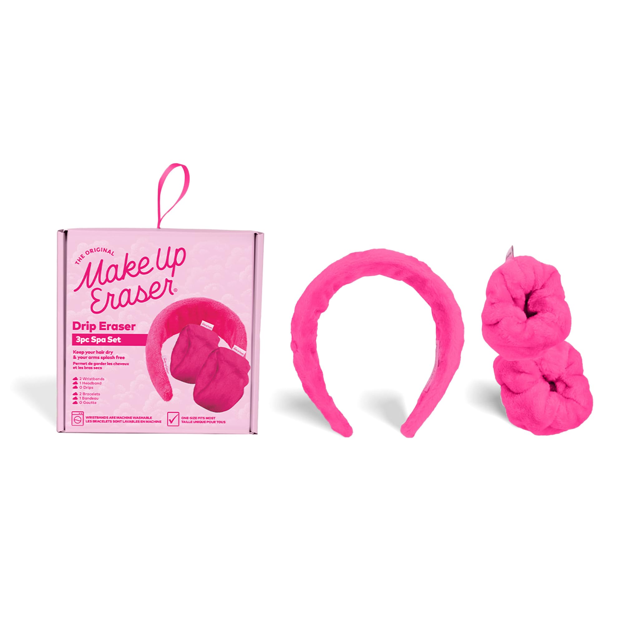 Drip Eraser by The Original Makeup Eraser, Absorbent Headband and Wristbands Collect Water During Face Washing, 3 Piece Spa Set, One Size Fits Most, Original Pink