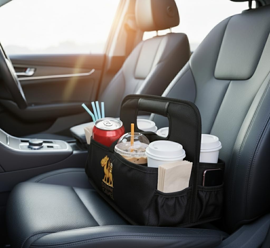 Reusable Drink Carrier with Handle – Durable No-Spill Insulated & Collapsible Beverage Bag with Pockets, Portable Caddy for On-the-Go Delivery, Travel & Car Use (6 Cup Carrier, Jet Black)