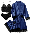 LYANER Women's Sexy Silk Satin Pajamas Set 4pcs Lingerie Nightwear Floral Lace Cami Pjs Sleepwear with Robe