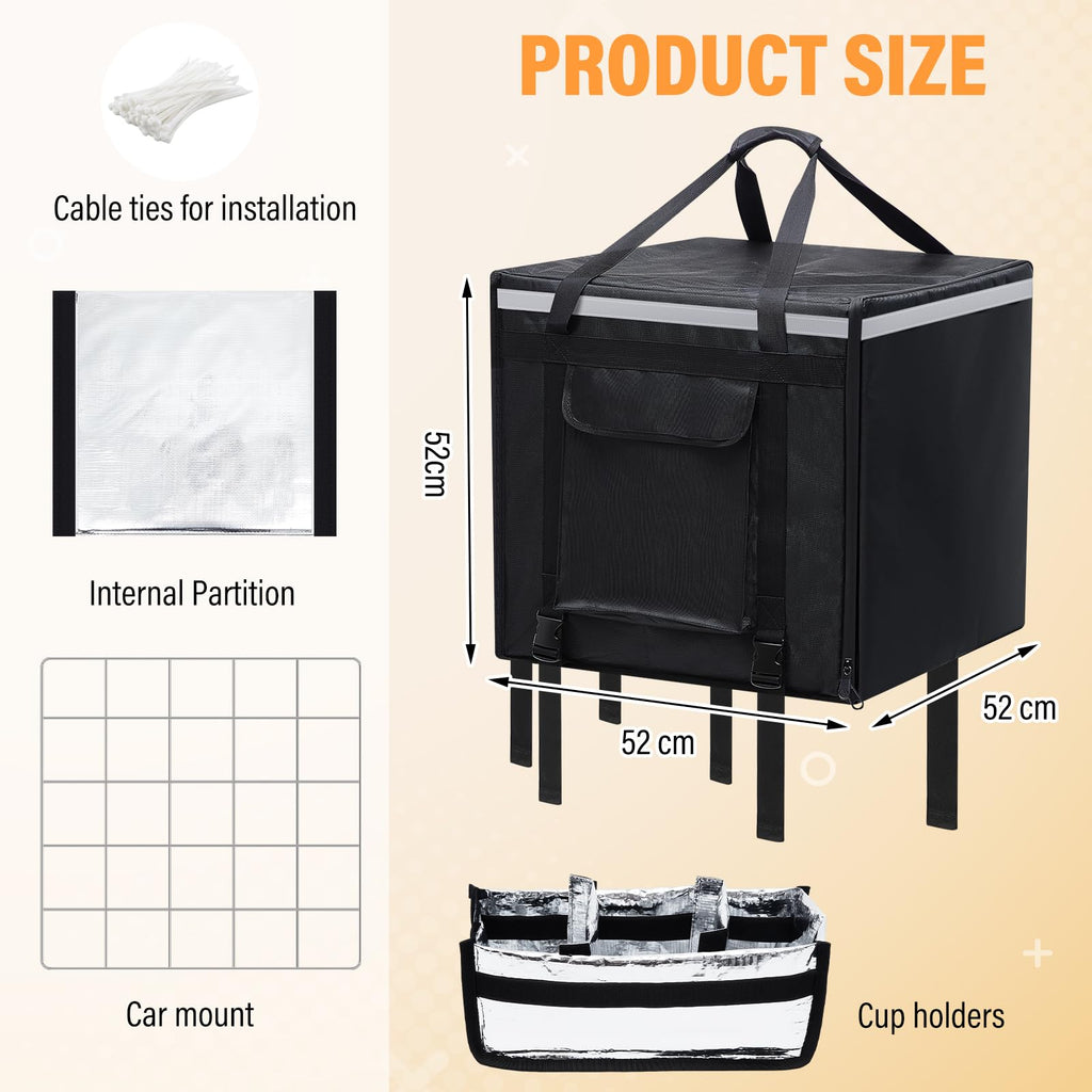 CroBlissful Huge Heat Insulation Food Delivery Bag for Motorcycle, Big Pizza Delivery Bags for Bicycle/scooter, 2 Layers, Rigid Frame(Side Loading,20 x 20 x 20 Inches)