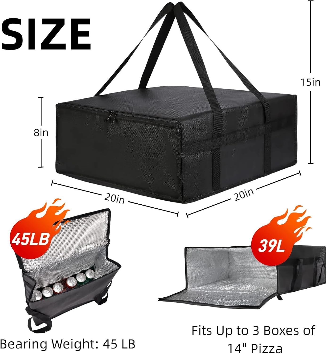 19.6" x 19.6" x 5.9" Insulated Pizza Delivery Bag with Zipper Closure, Thermal Food Carrier for Hot & Cold Meals, Reusable Delivery Bag for Catering, Transport & Home Use, Black (1 Pack)
