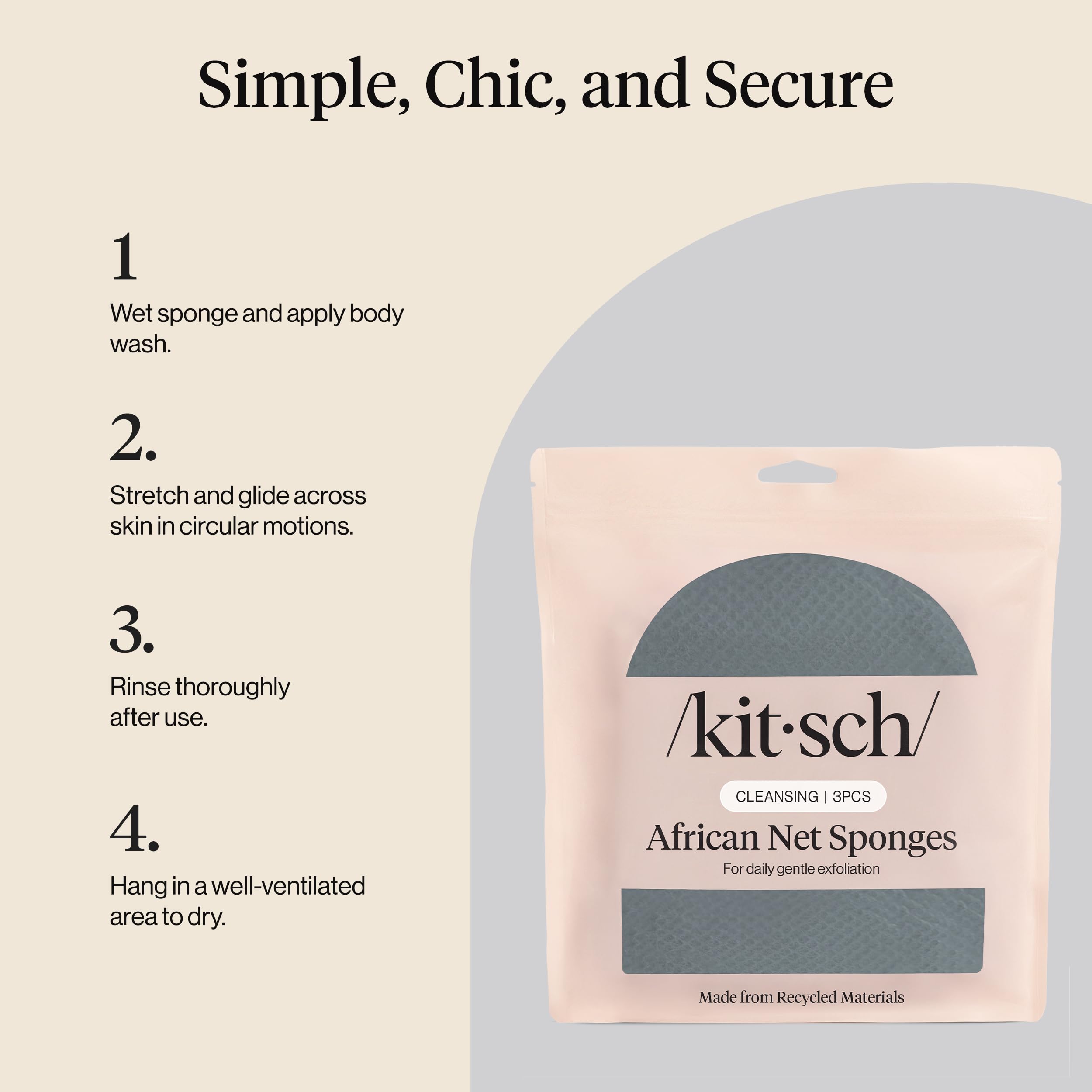 Kitsch African Net Sponge – Exfoliating Body Scrubber for Cleansing & Gentle Daily Exfoliation – Stretchable Bath Sponge for Hard-to-Reach Areas, Long-Lasting Shower Essential - Rosewood, 3 Pcs