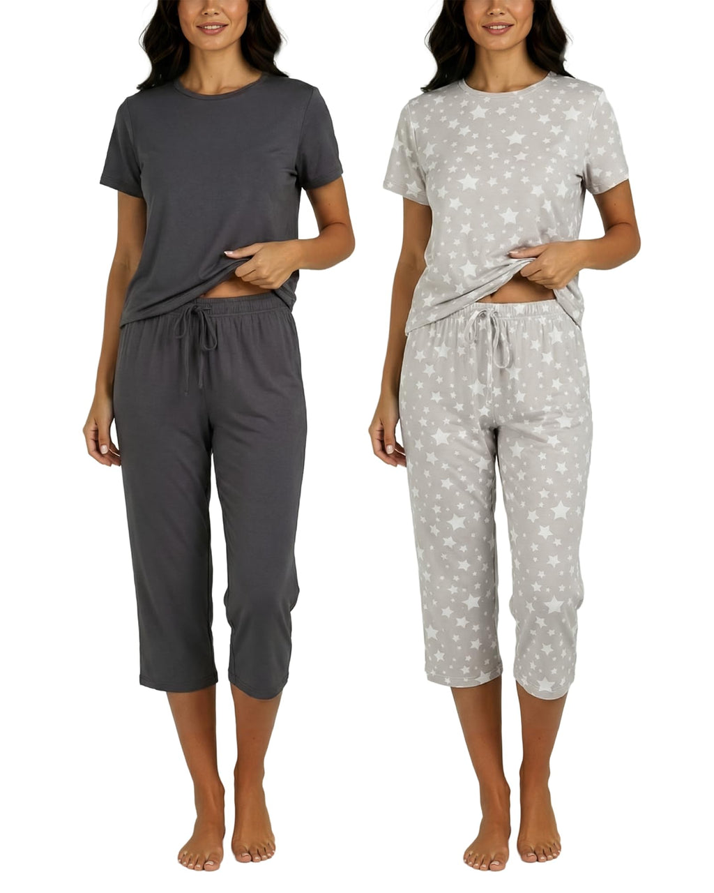 Real Essentials 2 Pack: Womens Pajamas Short Sleeve Sleepwear Tops and Capri Pants Pjs Print Pajama Sets (Available In Plus)