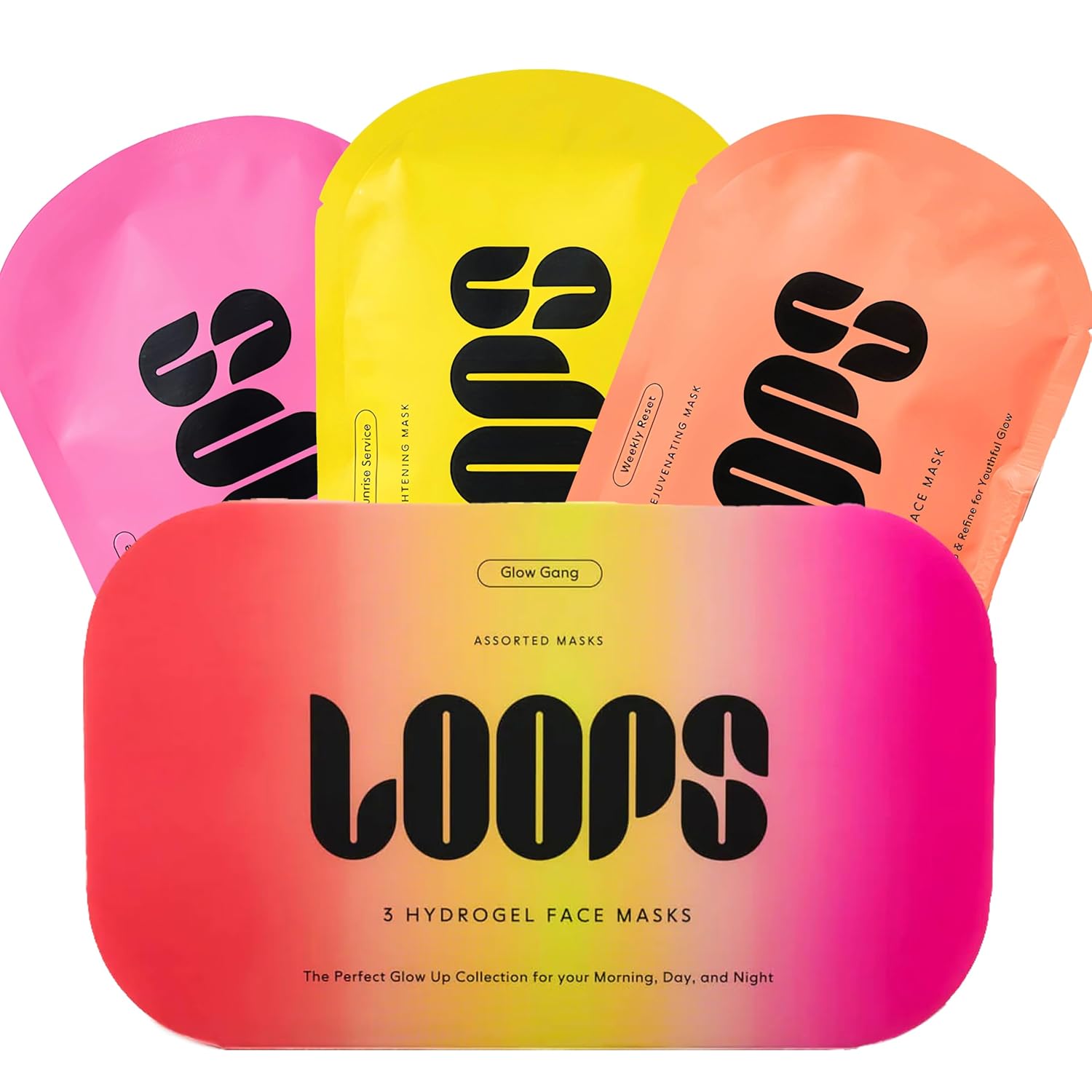 LOOPS Glow Gang Korean Face Mask Set – Weekly Reset for Rejuvenation, Double Take for Energized Skin, Sunrise Service for – Hydrating and Pore Refining – Safe for Sensitive Skin - 3pc