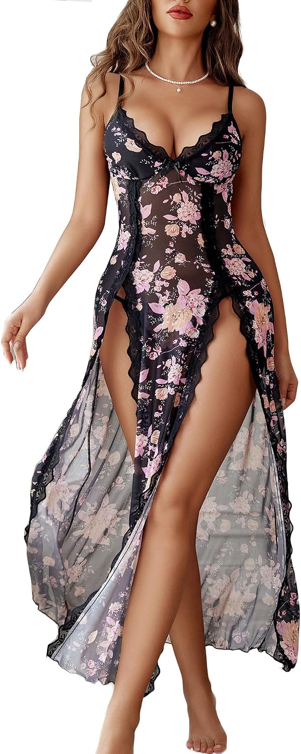 Avidlove Women Lingerie Lace Babydoll Chemise Sexy Mesh Nightdress V Neck Nightwear Side Split Nightgown