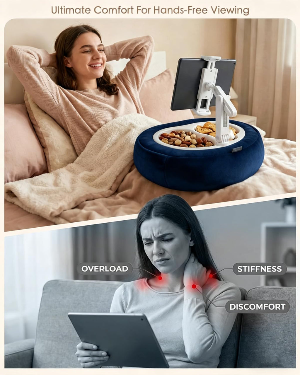Tablet Pillow Stand, Compatible with 5"-12.9" Kindle, iPad, Phone/Tablet, Google, Samsung, 360° Rotating Phone Holder for Bed, Soft Plush Fabric, Detachable Bowl, Reading and Relaxation on Bed, Pink