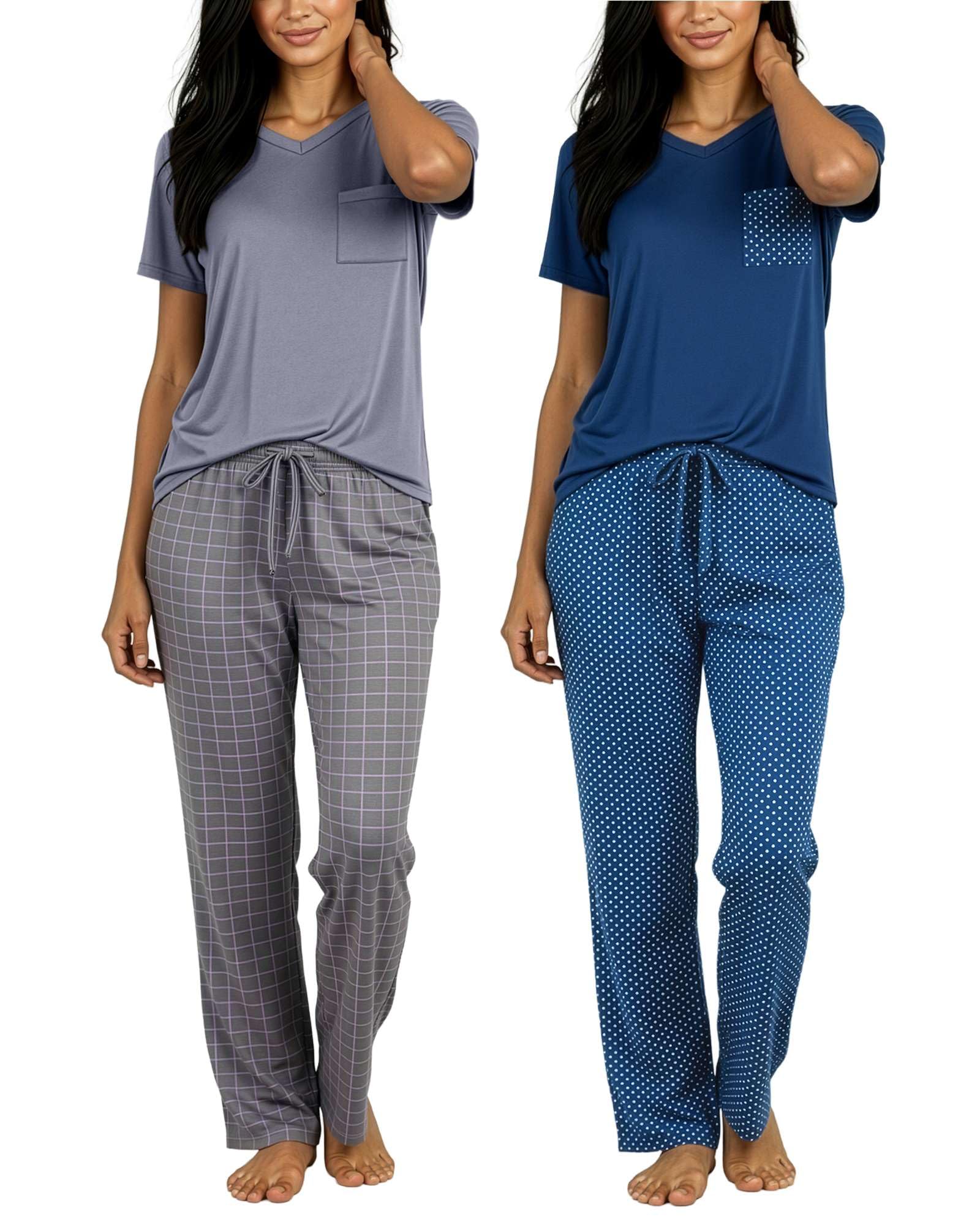 Real Essentials 2 Pack: Women's Comfy Pajama Sets - Short Sleeve Ladies Loungewear Sleepwear PJs (Available In Plus)