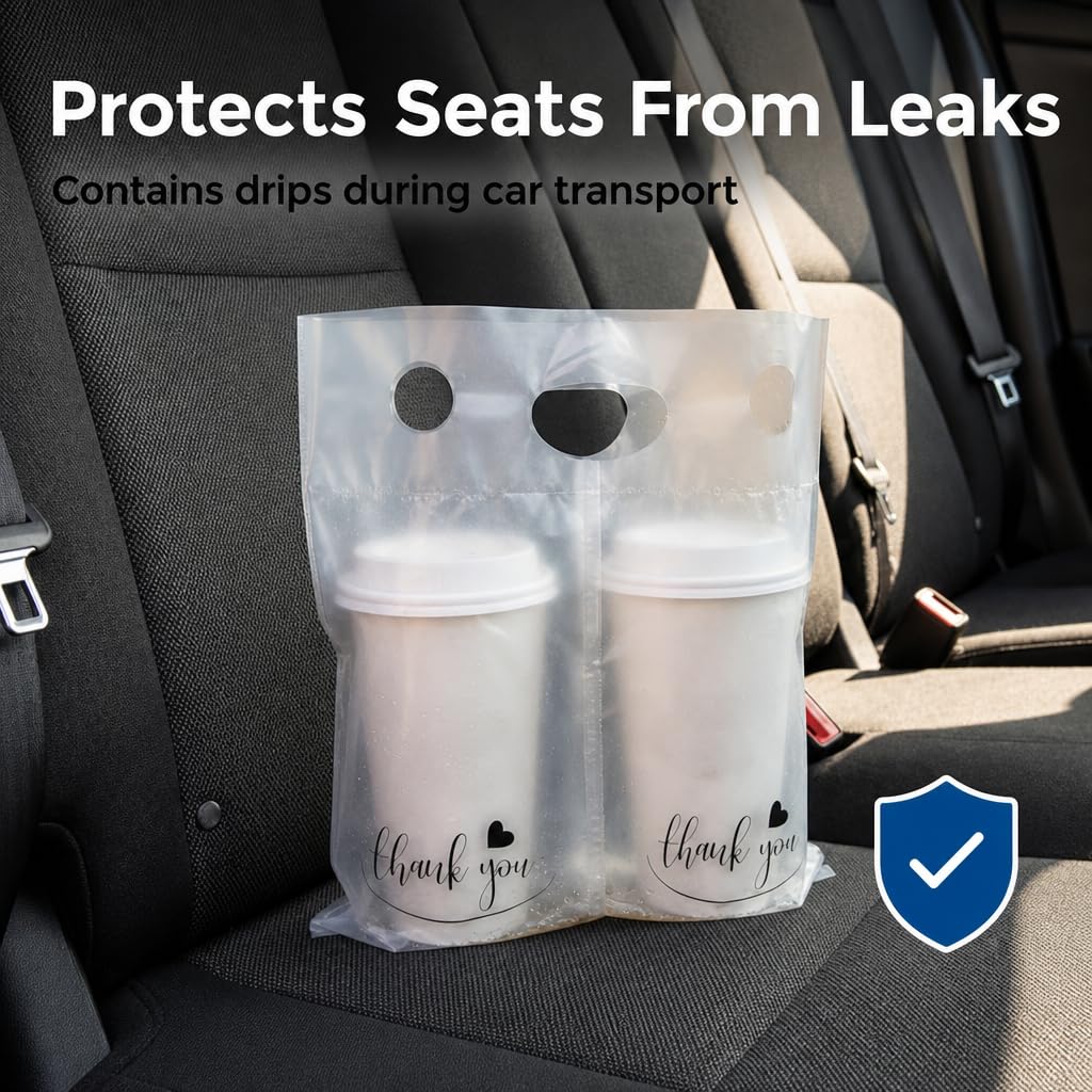 2-Cup Drink Carrier Bags, 32oz Cup Holder for Delivery, 100 pack | Increased 14 inch Width, Stronger Handles, Hot and Cold Beverages, Thick & Stable, Thank You Print, Spill Containment Design