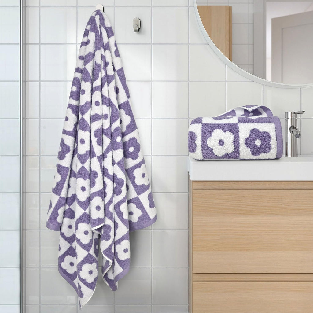 Jacquotha 2-Pieces Luxury Bath Towels Checkered Floral, Pink Towels for Women Girls Shower Body 27.5x55 Inches, Bathroom Decor & Pool Days, Cotton