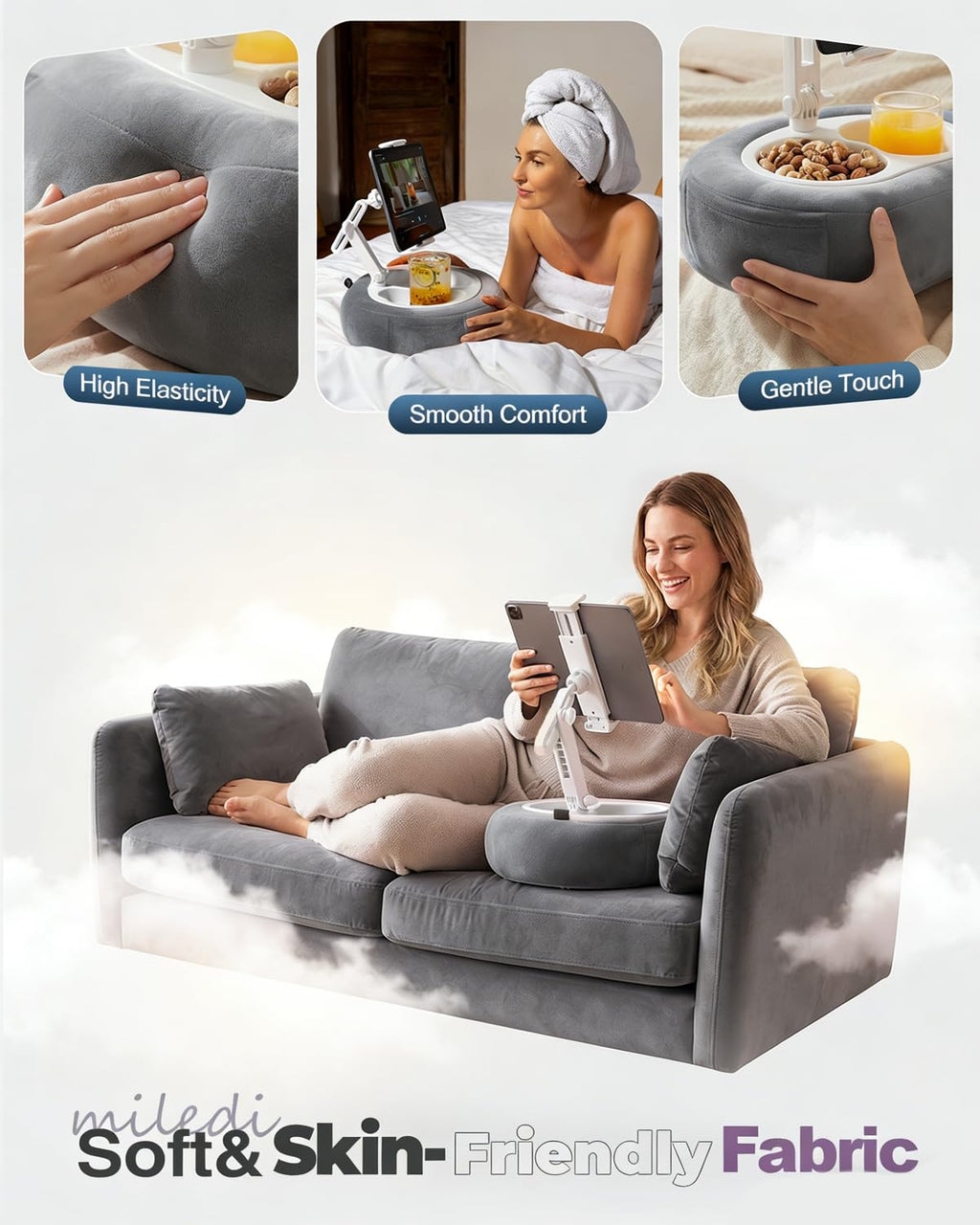 Tablet Pillow Stand, Compatible with 5"-12.9" Kindle, iPad, Phone/Tablet, Google, Samsung, 360° Rotating Phone Holder for Bed, Soft Plush Fabric, Detachable Bowl, Reading and Relaxation on Bed, Pink