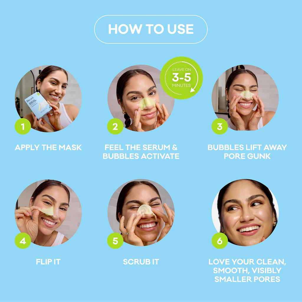 Biore Pore Refining Bubbling Nose Mask, Glycolic Acid and Hyaluronic Acid Exfoliant for Face, Pore Cleansing Mask, 8 Ct