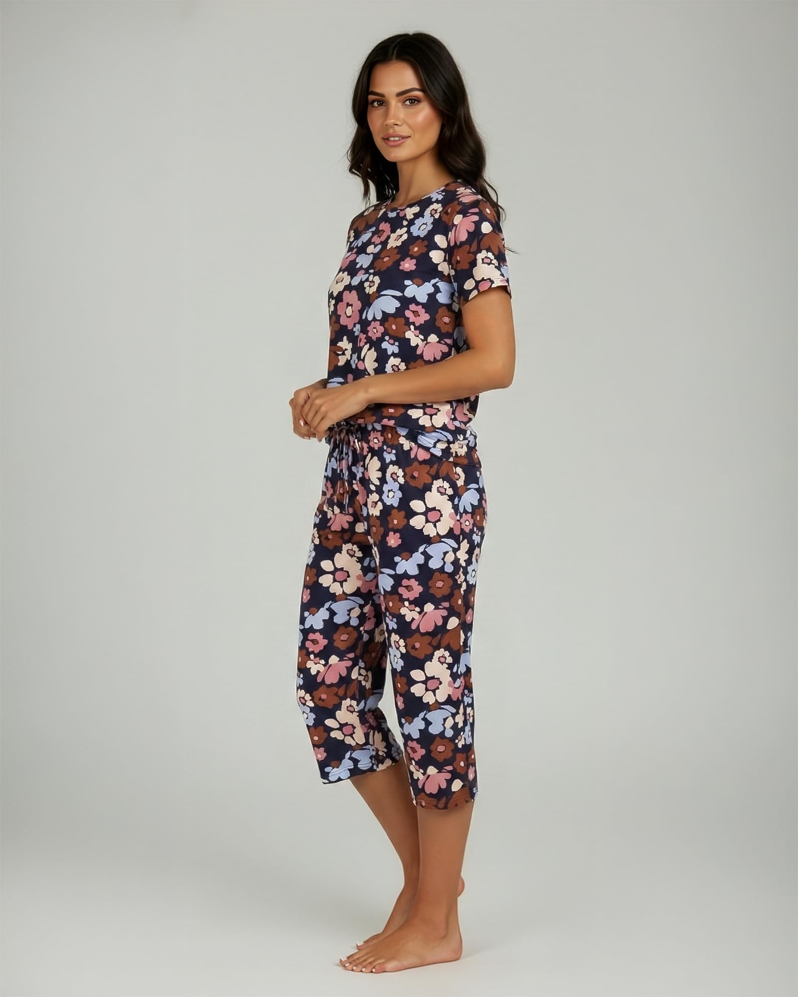 Real Essentials 2 Pack: Womens Pajamas Short Sleeve Sleepwear Tops and Capri Pants Pjs Print Pajama Sets (Available In Plus)